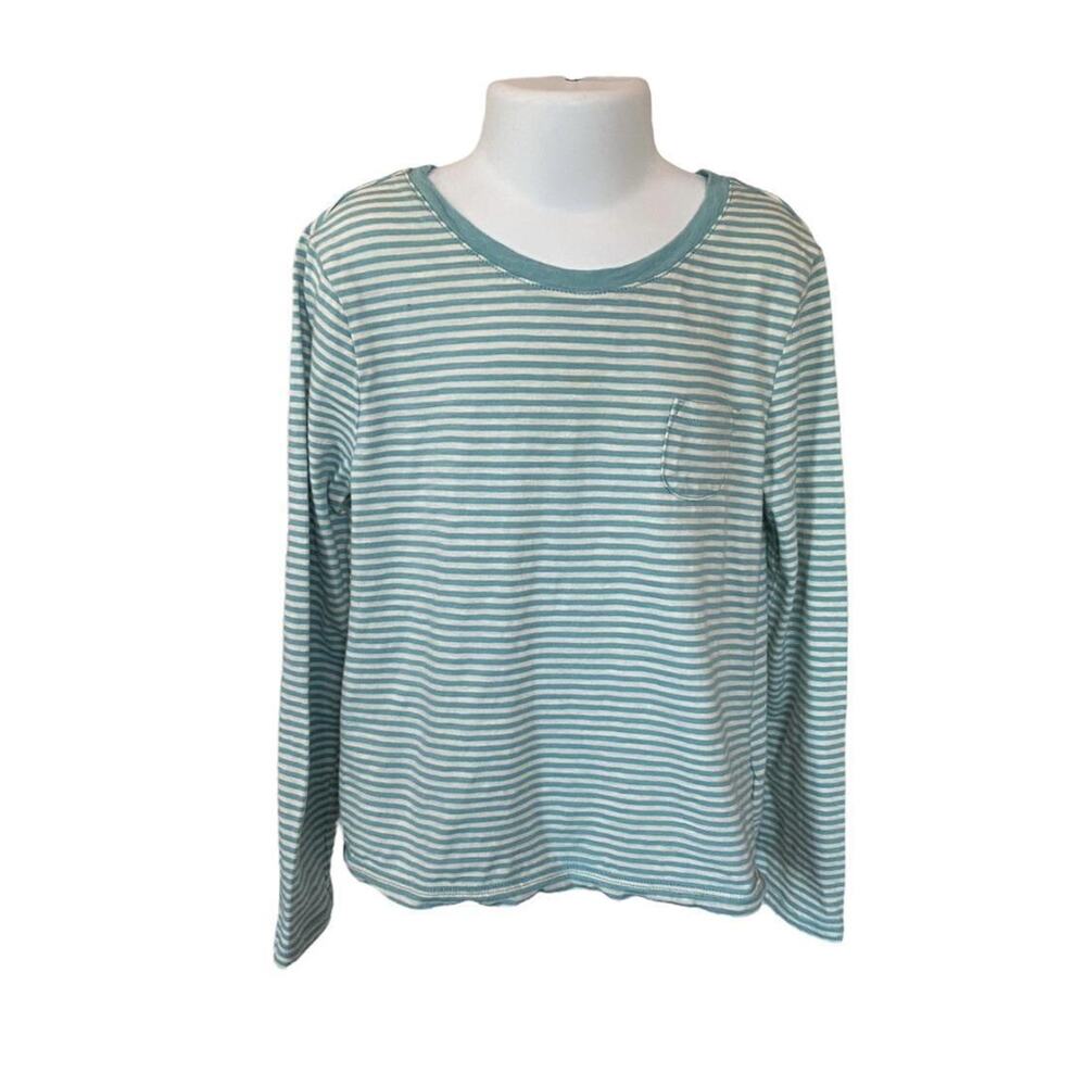 Girls S 6-7 GAP Kids Long Sleeve Dusty Blue & White Stripe Hi-Low Pocket Tee